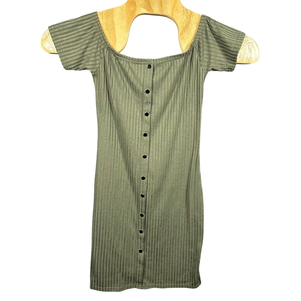 Say What? Womens Olive Green Ribbed Off Shoulder Button Front Bodycon Dress M